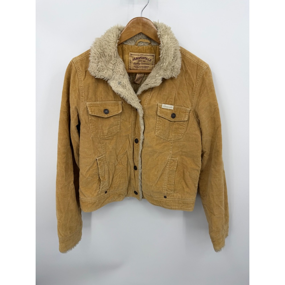 Aeropostale Corduroy Trucker Jacket Women Large Tan Faux Fur Trim Quilted Lining